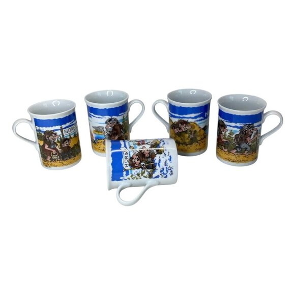 Unni Woldvik B.F. Troll Coffee Tea Mug Cup Set of 5 Norway Hiking Skiing Vintage - Picture 1 of 8